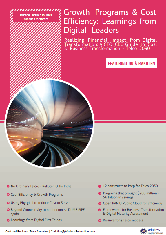 Telco to Tech-Co Transformation: Growth Programs, Cost Efficiency strategies from Digital Leaders - Comprehensive telecommunications research report cover by Wireless Federation